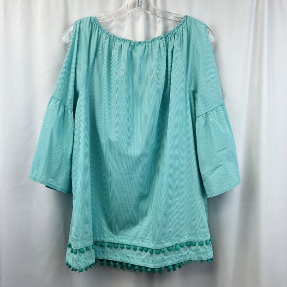 Rafaella Weekend 3/4 Sleeve Cold Shoulder Striped Blouse Womens Large Tassels - Picture 7 of 8